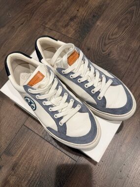 Tory Burch White Leather Sneakers with Blue Suede Accents
